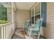 Relaxing front porch with rocking chairs, decorative rug, and a view of the peaceful surroundings at 457 Poplar Forest Ln, Pittsboro, NC 27312