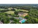 Community aerial view showcasing a pool, tennis courts, and lush green spaces, promoting an active lifestyle at 603 Everglades Dr, Mebane, NC 27302