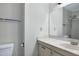 Bathroom features a white vanity and a shower with a glass door at 606 Oak Tree Dr, Chapel Hill, NC 27517