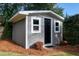 Well-maintained backyard shed surrounded by lush landscaping and mulch, offering ample storage space at 627 New Road, Raleigh, NC 27608