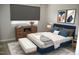Well-lit staged bedroom with a blue upholstered bed frame and hardwood floors at 1418 Sherron Rd, Durham, NC 27703