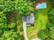Aerial view of backyard with inground pool, well-kept lawn, trampoline, and mature trees at 3421 Kistler Ct, Willow Springs, NC 27592