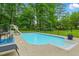 Backyard pool featuring a slide and surrounded by lush greenery, perfect for summer fun at 3421 Kistler Ct, Willow Springs, NC 27592