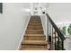Carpeted staircase with black railing leads to the upper level, providing access to the home's various rooms at 3421 Kistler Ct, Willow Springs, NC 27592