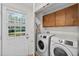 Bright laundry room with modern washer and dryer, storage cabinets, and access to the deck at 4067 Williams Mill Rd, Burlington, NC 27215