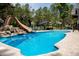 Backyard pool with a rock waterfall, slide, and ample lounge seating for relaxation and entertainment at 46 Lakes Edge Ln, Pittsboro, NC 27312