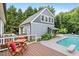 A serene backyard featuring a refreshing swimming pool with a lounge area and lush landscaping at 7132 Deer Brook St, Willow Springs, NC 27592
