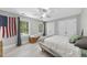 Cozy bedroom with two windows, ceiling fan and an American flag hanging on the wall at 821 Ascot Ln, Raleigh, NC 27615