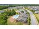 Aerial view showcasing the pool, pond, playground, and tennis courts within the residential community at 1428 Wrenn Rd, Durham, NC 27703