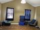 Bedroom features high ceilings, dual windows with blue drapes and light-colored wood floors at 3129 Skycrest Dr, Raleigh, NC 27604