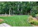 Large backyard featuring mature trees, a grass lawn, playground, and privacy fencing at 8841 Deerland Grove Dr, Raleigh, NC 27615