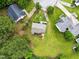Expansive aerial view showcases a home with a lush green lawn and mature trees in a desirable neighborhood at 107 Winter Ct, Selma, NC 27576