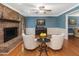Charming living room featuring a fireplace, hardwood floors, and neutral furniture for a comfortable atmosphere at 128 Castlewood Dr, Cary, NC 27511
