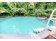 Inviting backyard pool, surrounded by lush greenery and featuring a convenient pool ladder for easy access at 1605 Goldsboro Ave, Sanford, NC 27330