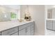 Bright bathroom with a double sink vanity, modern fixtures, and a large window at 713 Ramsours Mill Dr, Holly Springs, NC 27540