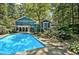 Beautiful backyard with a pool, patio, and lush greenery, creating a perfect outdoor living space for relaxation and entertainment at 1426 Kildaire Farm Rd, Cary, NC 27511