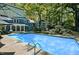 Inviting in-ground pool with ladder and patio furniture surrounded by a wooded area and the home at 1426 Kildaire Farm Rd, Cary, NC 27511