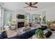 Inviting living room featuring a fireplace, plush seating, and plenty of natural light through large windows at 1701 Berwickshire Cir, Raleigh, NC 27615