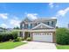 Charming two-story home with a stone-accented facade, manicured lawn, and attached two-car garage at 1831 Devonridge Dr, Fuquay Varina, NC 27526