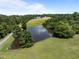 Aerial view of a tranquil pond surrounded by lush greenery and open fields, offering a serene and picturesque setting at 2637 S Nc 87, Graham, NC 27253