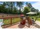 Back deck with a grill, an umbrella, and outdoor seating overlooking the fenced backyard at 3032 Curling Creek Drive Dr, Apex, NC 27502