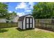 Backyard features a white shed with a gray roof surrounded by a wooden fence at 3101 Riverbrooke Dr, Raleigh, NC 27610