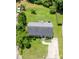 Aerial view showcases a home with a spacious backyard and driveway surrounded by lush greenery and mature trees at 3624 Meadow Creek Ln, Raleigh, NC 27616