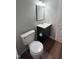 Compact bathroom includes a toilet and a dark vanity with a sink and minimalist decor at 3624 Meadow Creek Ln, Raleigh, NC 27616