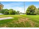 Expansive backyard with lush green grass, mature trees, and a detached garage or shed in a peaceful, idyllic setting at 414 S Center St, Princeton, NC 27569