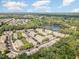 An aerial view of the community featuring lush trees, water tower, and a serene lake at 8004 Thrush Ridge Ln, Raleigh, NC 27615