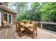 Outdoor deck area with a wooden dining table, chairs, and wooded backyard view at 1414 Park Dr, Raleigh, NC 27605