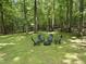 Backyard area featuring green lawn and four black chairs around a small fire pit at 213 Chimeneas Pl, Chapel Hill, NC 27517