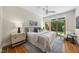 Comfortable bedroom featuring a ceiling fan, rug, and access to the yard at 213 Chimeneas Pl, Chapel Hill, NC 27517