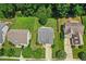 Aerial view of a home with a spacious backyard and lush green surroundings in a residential neighborhood at 304 Forbes Rd, Wake Forest, NC 27587