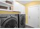 Well-equipped laundry room with front-load washer and dryer, ample shelving, and a door to the outside at 3604 Thorndike Dr, Wake Forest, NC 27587