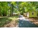 Scenic driveway leading to a charming yellow home surrounded by lush trees and greenery at 420 Lipscomb Grove Church Rd, Hillsborough, NC 27278