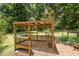 Outdoor gazebo with wood lattice, a small bar, and wooden flooring, nestled in a wooded backyard at 420 Lipscomb Grove Church Rd, Hillsborough, NC 27278