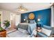 Cozy bedroom with a blue accent wall, stylish decor, patterned armchair, and a comfortable queen-size bed at 426 Granite Mill Blvd, Chapel Hill, NC 27516
