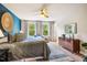 Bright bedroom featuring a ceiling fan, dresser, large windows, and a blue accent wall with decorative elements at 426 Granite Mill Blvd, Chapel Hill, NC 27516