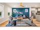 Stylish living room featuring modern decor, wood floors, a bold blue accent wall and stainless steel appliances at 426 Granite Mill Blvd, Chapel Hill, NC 27516