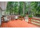 Outdoor deck area with wooden railings and furniture overlooking mature trees and backyard at 6213 Fountainhead Dr, Raleigh, NC 27609