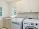 Well-lit laundry room with white cabinets, a utility sink, and modern washer and dryer units at 709 Skymont Dr, Holly Springs, NC 27540