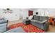 Spacious living room features comfortable grey couches, colorful rug and vinyl floors at 947 Manchester Dr, Cary, NC 27511