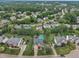 Aerial view of a neighborhood showcasing well-maintained homes, mature trees, and lush landscaping at 12412 Mayhurst Pl, Raleigh, NC 27614