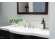 Close-up on the bathroom's vanity with stone backsplash, quartz countertop, and decorative faux botanicals at 2801 E Shoreham St, Durham, NC 27707