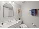 Cozy bathroom featuring a sink, toilet, decorative mirror and towel rack at 3086 Colony Rd # C, Durham, NC 27705
