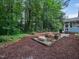 Relaxing backyard fire pit area with mulched landscape and wooded views at 3400 Appling Way, Durham, NC 27703