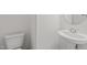 Clean, minimalist bathroom featuring a pedestal sink and toilet at 40 Horizon Trl, Garner, NC 27529
