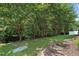Landscaped backyard featuring mature trees, stone accents, and a well-maintained lawn at 5421 Brandy Bay Rd, Raleigh, NC 27613