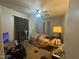 Bedroom with ceiling fan and dark curtains at 625 Revell Rd, Selma, NC 27576